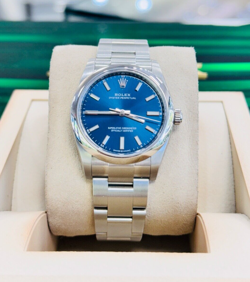 ROLEX OYSTER PERPETUAL 34 124200  BLUE INDEX DIAL OYSTER BRACELET BOX AND PAPERS