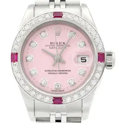 ROLEX DATEJUST 69174 18K GOLD & STEEL DIAMOND RUBY PINK DIAL WATCH W/ ROLEX BAND