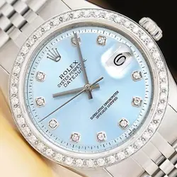ROLEX MENS DATEJUST ICE BLUE DIAL 18K GOLD STEEL DIAMOND WATCH W/ JUBILEE BAND