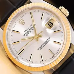 ROLEX MENS DATEJUST 16233 SILVER DIAL 18K GOLD STEEL WATCH W/ BLACK LEATHER BAND