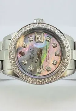 ROLEX LADIES DATEJUST OYSTER STAINLESS STEEL DIAMOND DIAL BEZEL WATCH PEARL