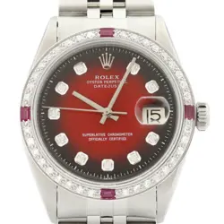 ROLEX MENS DATEJUST 18K WHITE GOLD STEEL RED VIGNETTE DIAMOND RUBY WATCH