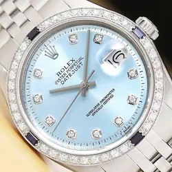 ROLEX MENS DATEJUST ICE BLUE 18K GOLD SS DIAMOND SAPPHIRE WATCH W/ FOLDED BAND