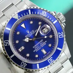 ROLEX SUBMARINER WATCH MENS STAINLESS STEEL BLUE DIAMOND DIAL OYSTER BAND 16610
