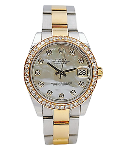LADIES ROLEX DATEJUST 31MM 18K GOLD / STEEL WRISTWATCH W/DIAMOND DIAL & BEZEL.