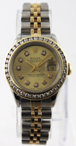 ROLEX LADIES DATEJUST OYSTER PERPETUAL 69173 26MM CHAMPAGNE DIAL DIAMOND WATCH