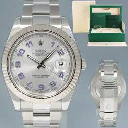 MINT ROLEX DATEJUST 2 41MM SILVER BLUE ARABIC 116334 WHITE GOLD FLUTED WATCH BOX
