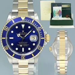MINT 2003 PAPERS ROLEX SUBMARINER 16613 GOLD STEEL TWO TONE GOLD SUNBURST BLUE