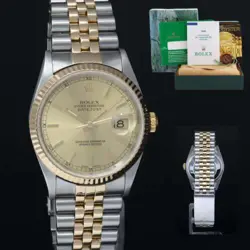 2004 PAPERS ROLEX DATEJUST 16233 TWO TONE YELLOW GOLD JUBILEE CHAMPAGNE WATCH