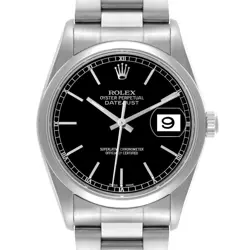 ROLEX DATEJUST 36MM BLACK DIAL STEEL MENS WATCH 16200 BOX PAPERS