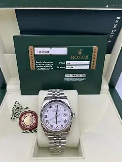 PRISTINE ROLEX DATEJUST 36MM 116234 18K FLUTED WHITE ROMAN DIAL JUBILEE B&P