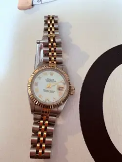 ROLEX DATEJUST 26 MM WHITE MOTHER OF PEARL ROMAN NUMERAL DIAL TWO TONE WATCH