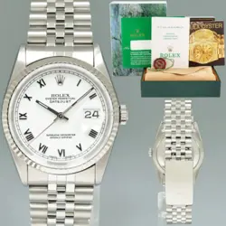 1994 MINT PAPERS ROLEX DATEJUST 16234 WHITE ROMAN JUBILEE WHITE GOLD FLUTED