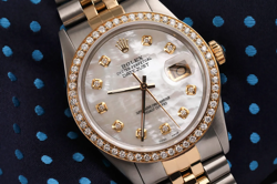 ROLEX DATEJUST 36 MM WHITE MOTHER OF PEARL DIAMOND DIAL TWO TONE WATCH