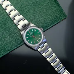 ROLEX MENS AIR KING STEEL WATCH 34M GREEN DIAL SMOOTH BEZEL OYSTER BAND 14000