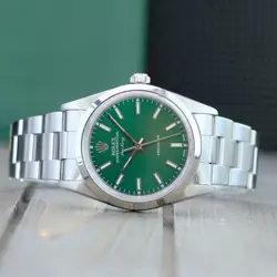 ROLEX MENS AIR KING STEEL WATCH 34M GREEN DIAL SMOOTH BEZEL OYSTER BAND 14000