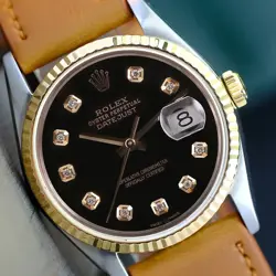 MEN'S ROLEX DATEJUST WATCH 16233 18K GOLD BLACK DIAMOND DIAL ON A LEATHER BAND