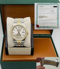 ROLEX 16233 DATEJUST SILVER DIAMOND DIAL 18K YELLOW GOLD STAINLESS BOX PAPER