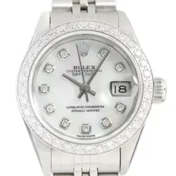 ROLEX LADIES DATEJUST WHITE MOP DIAMOND BEZEL 18K WHITE GOLD & STEEL WATCH 69174