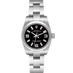 ROLEX OYSTER PERPETUAL BLACK DIAL PINK HOUR MARKERS LADIES WATCH 176200 BOX CARD