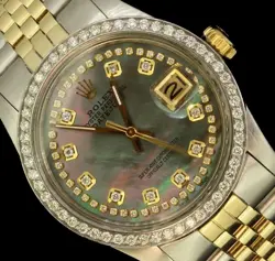 ROLEX MENS DATEJUST OYSTER SOLID GOLD STEEL DIAMOND PEARL DIAL BEZEL WATCH