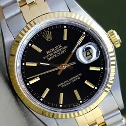 ROLEX DATEJUST MENS TWOTONE WATCH BLACK INDEX DIAL 18K FLUTED JUBILEE 16233 36MM