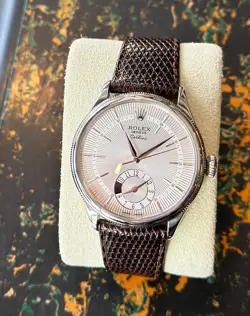 18k White Gold Rolex Geneve Cellini Dual Time Zone Watch w/ Day Night Indicator