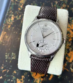 18k White Gold Rolex Geneve Cellini Dual Time Zone Watch w/ Day Night Indicator