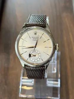 18k White Gold Rolex Geneve Cellini Dual Time Zone Watch w/ Day Night Indicator