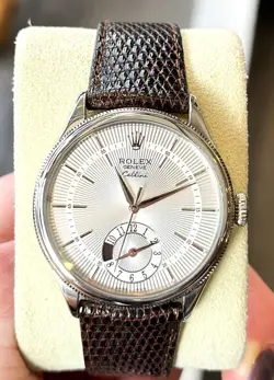 18k White Gold Rolex Geneve Cellini Dual Time Zone Watch w/ Day Night Indicator