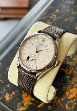 18k White Gold Rolex Geneve Cellini Dual Time Zone Watch w/ Day Night Indicator