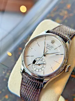 18k White Gold Rolex Geneve Cellini Dual Time Zone Watch w/ Day Night Indicator
