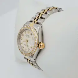LADIES ROLEX 26MM DATEJUST 18K GOLD / STEEL WRISTWATCH W/DIAMOND DIAL & BEZEL.