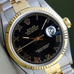 ROLEX DATEJUST TWOTONE WATCH BLACK ROMAN DIAL 18KY FLUTED JUBILEE 16233 36MM