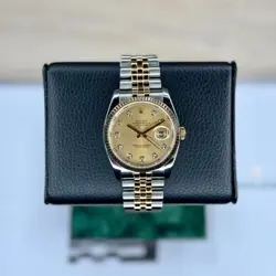 ROLEX MENS DATEJUST 36MM TWO-TONE CHAMPAGNE DIAMOND FLUTED SUPER JUBILEE 116233