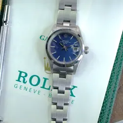 BOX&PAPER ROLEX OYSTER-DATE 6916 26MM LADIES WATCH BLUE INDEX DIAL SMOOTH BEZEL