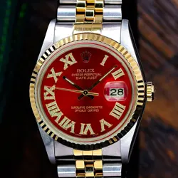 ROLEX DATEJUST TWOTONE WATCH RED DIAMOND ROMAN DIAL 18KY FLUTED 16233 36MM