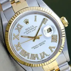 ROLEX DATEJUST TWOTONE WATCH SILVER DIAMOND ROMAN DIAL 18KY FLUTED 16233 36MM