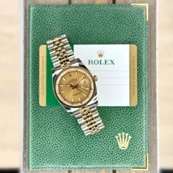 Rolex Mens Datejust Champagne Index Fluted Super Jubilee 116233 w/ Green Card