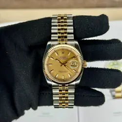 Rolex Mens Datejust Champagne Index Fluted Super Jubilee 116233 w/ Green Card