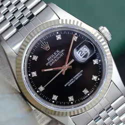 ROLEX MENS DATEJUST 18KW GOLD & STEEL BLACK DIAL FLUTED BEZEL 36MM WATCH 16014