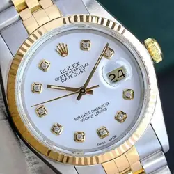 ROLEX MENS DATEJUST WATCH TWO-TONE WHITE DIAMOND DIAL 18KY FLUTED JUBILEE 36MM