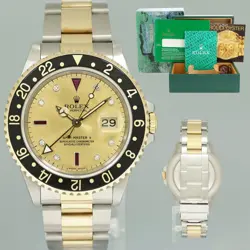 ROLEX GMT-MASTER 2 16713 TWO-TONE YELLOW GOLD CHAMPAGNE SERTI RUBY DIAMOND WATCH