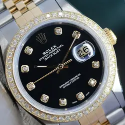 ROLEX DATEJUST MENS TWOTONE WATCH 16233 18KY & SS BLACK DIAMOND DIAL & BEZEL