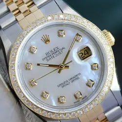 ROLEX DATEJUST TWOTONE WATCH WHITE MOP DIAMOND DIAL & BEZEL JUBILEE BAND 16233
