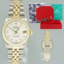 MINT LADIES ROLEX 68273 TWO TONE YELLOW GOLD FLUTED STEEL 31MM PEARL DIAMOND