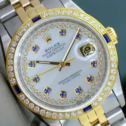 ROLEX MENS DATEJUST WATCH 16233 36MM WHITE MOP DIAMOND-SAPPHIRE DIAL JUBILEE