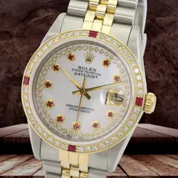 ROLEX MENS DATEJUST WATCH 18KY & STEEL WHITE MOP DIAMOND RUBY DIAL JUBILEE 16233