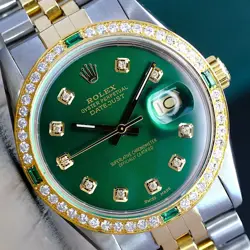 ROLEX DATEJUST 16233 TWOTONE WATCH GREEN DIAMOND DIAL EMERALD BEZEL JUBILEE 36MM