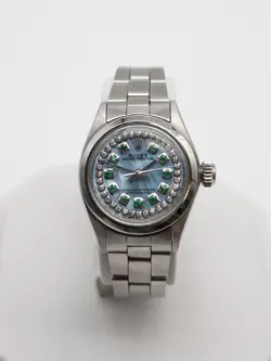 $8000 ROLEX OYSTER PERPETUAL LADIES BLUE MOP EMERALD DIAMOND SS WATCH SERVICED